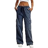 HVEPUO Womens High Waisted Cargo Pants Y2K Baggy Wide Leg Casual Stretchy Jeans for Women Streetwear Pull On Trousers Pants