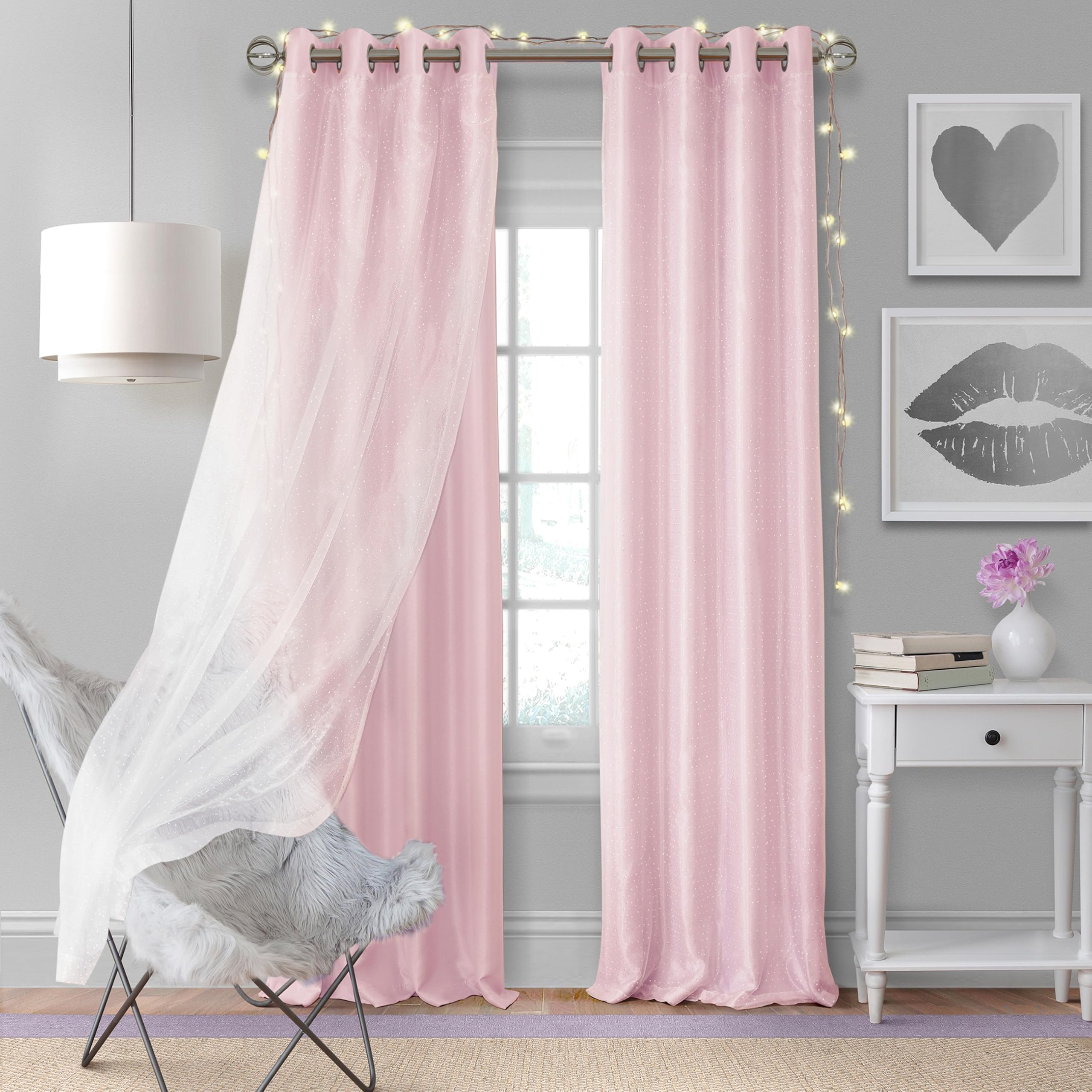 Elrene Home Fashions Aurora Kids’ Sheer Blackout Layered Curtain Panel, (Soft Pink), (52X108), Polyester, 52" W x 108" L (Pack of 1)