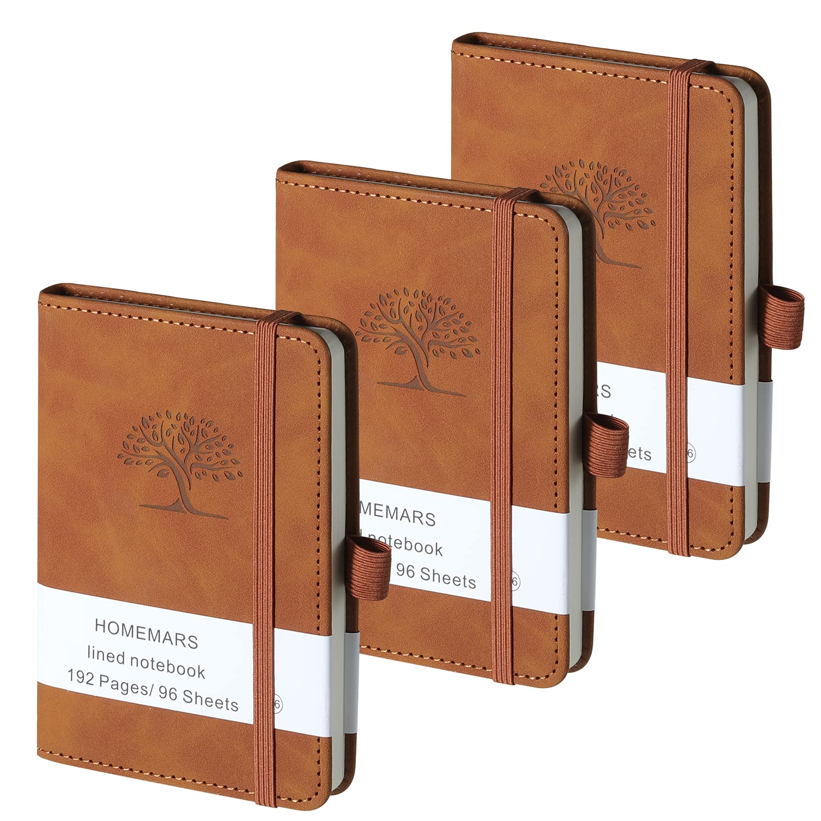 HOMEMARS Pocket Notebook, Small Notebook, 3 Pack, Pocket Notepad,14.4 cm x 9.6cm, A6 Notebook, Small Notepad, Brown, 192 Pages Each, Hardcover, Embossing Tree Design, Lined Paper, Vegan Leather