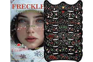 LADDYFOX 8 Pcs Christmas Face Temporary Tattoos, Ren Green and White Glitter Freckles Face Tattoo for Kids and Women, Waterproof Christmas Accessories Face Makeup for Party Supplies