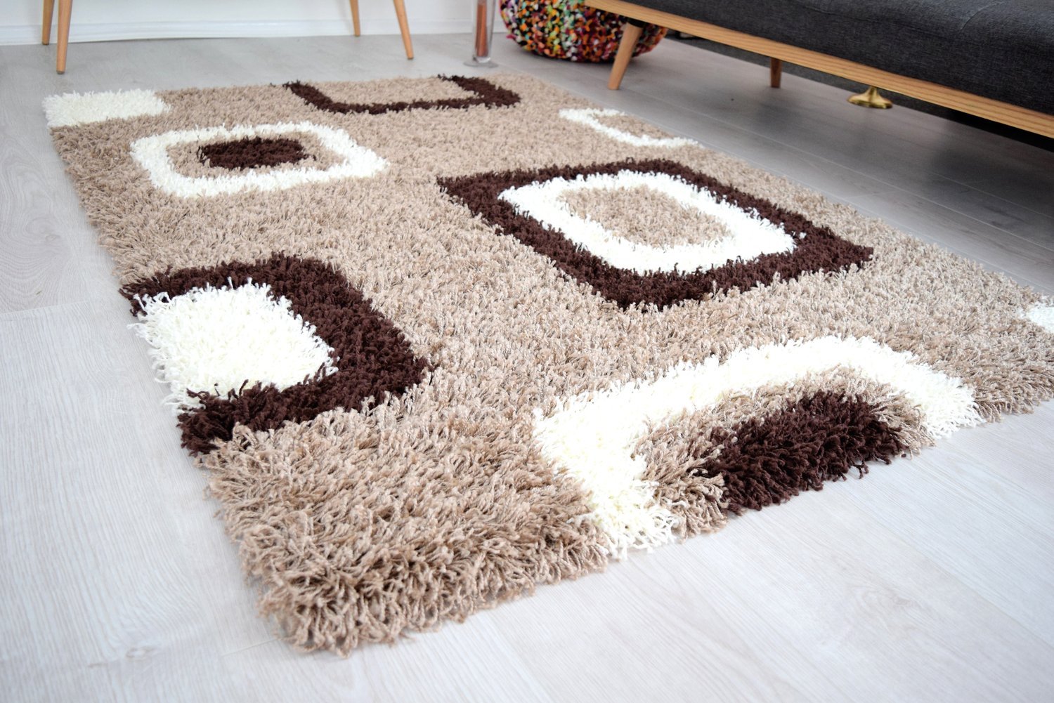 BRAVICH RugMasters Large Brown Beige and Ivory Cube Boxed Pattern Geometric Square Design Mix Super Soft High Deep Pile Shaggy Area Rug/Living Room Rug Carpet 120 x 170 cm (4' x 5'6)