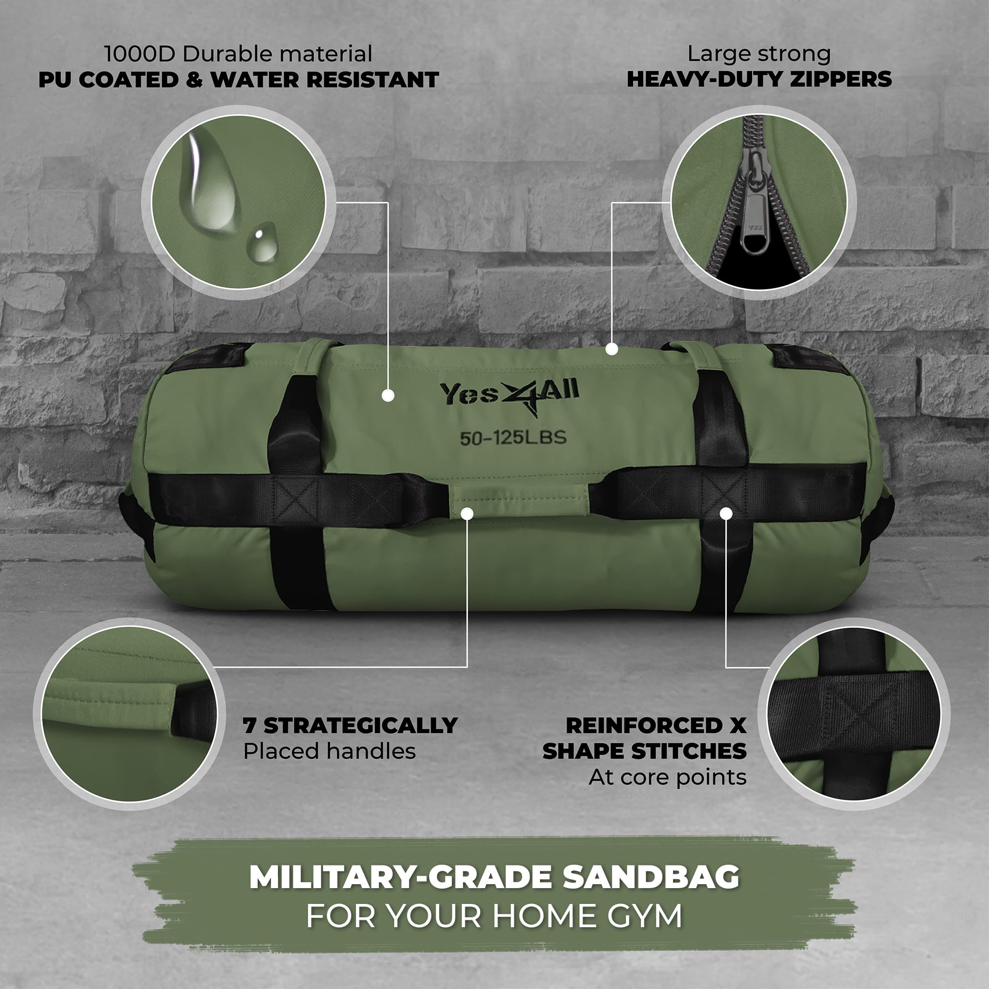 Yes4All Workout Sandbags, Heavy Duty Sandbags - Army Green - L - Image 2