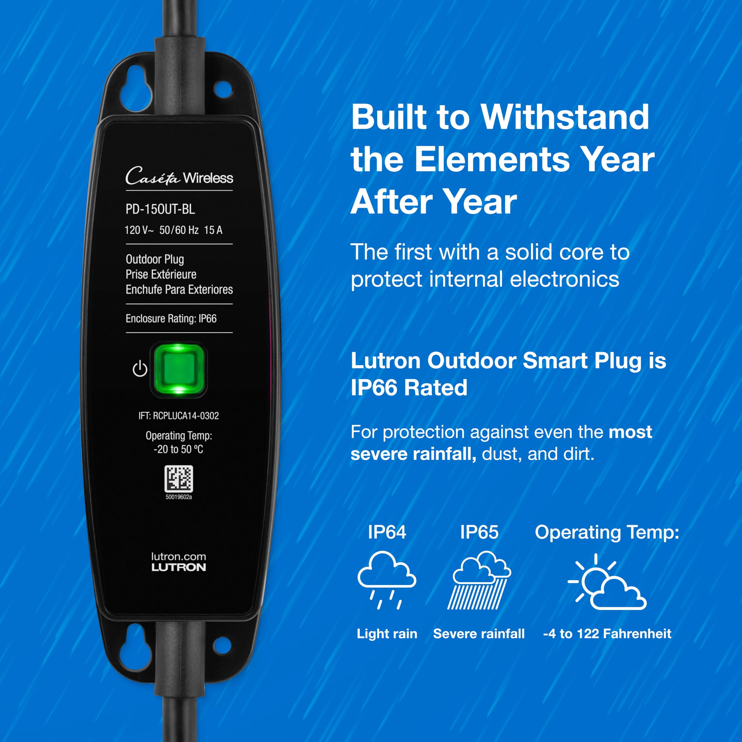 Lutron Smart Outdoor Plug for Caseta Smart Lighting, for Summer, Patio, Backyard, and Outdoor Lights, & Motors, 15A LED Fixtures & 1/2 HP Motors, PD-15OUT-BL, Black - View 10