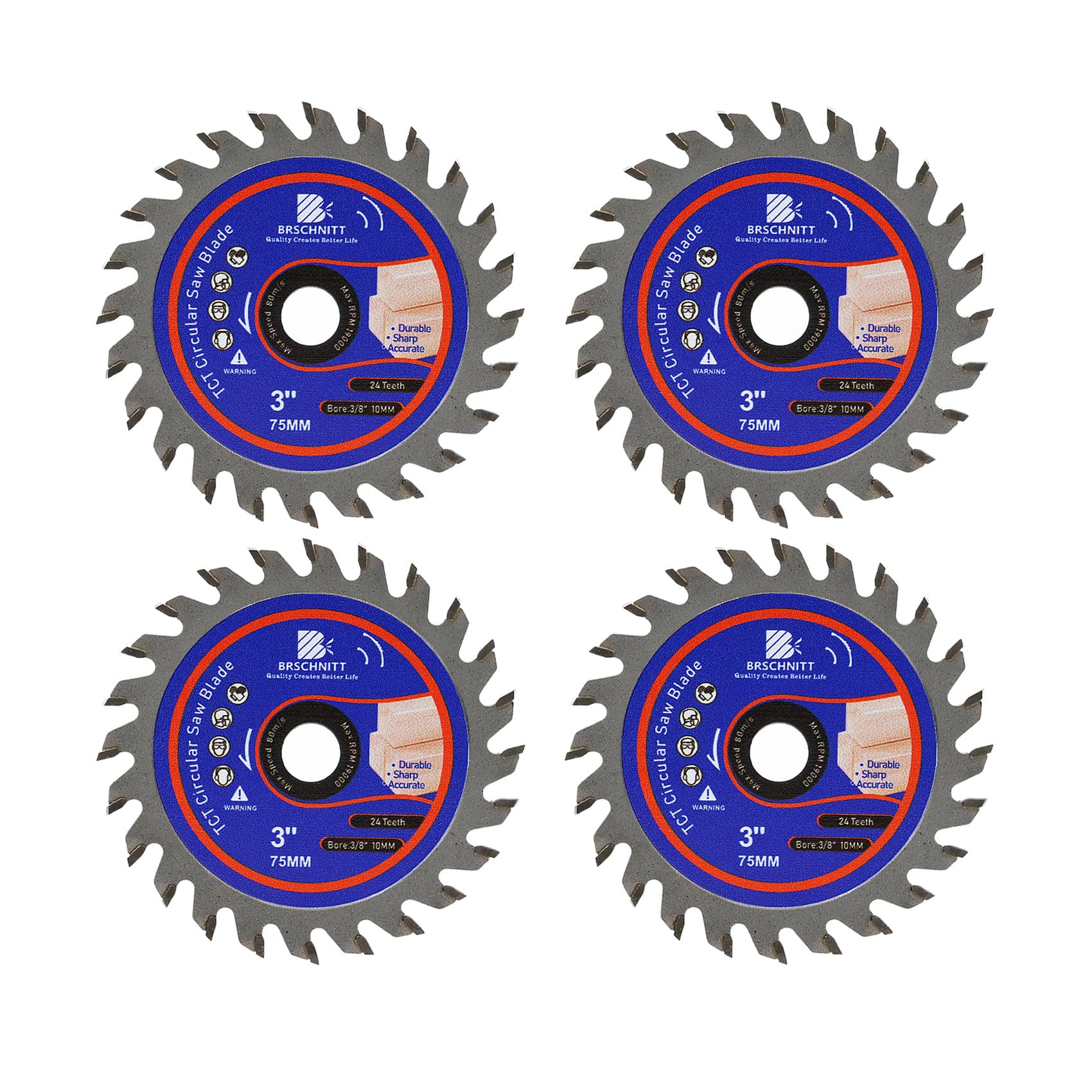 3inch Carbide Tipped Teeth Compact Circular Saw Blade 24T - BRSCHNITT Wood Cutting Saw Blade Arbor:10mm for General Purpose Cutting Wood, Plastic,PCV, Acrylic and Composite Materials(4pcs)