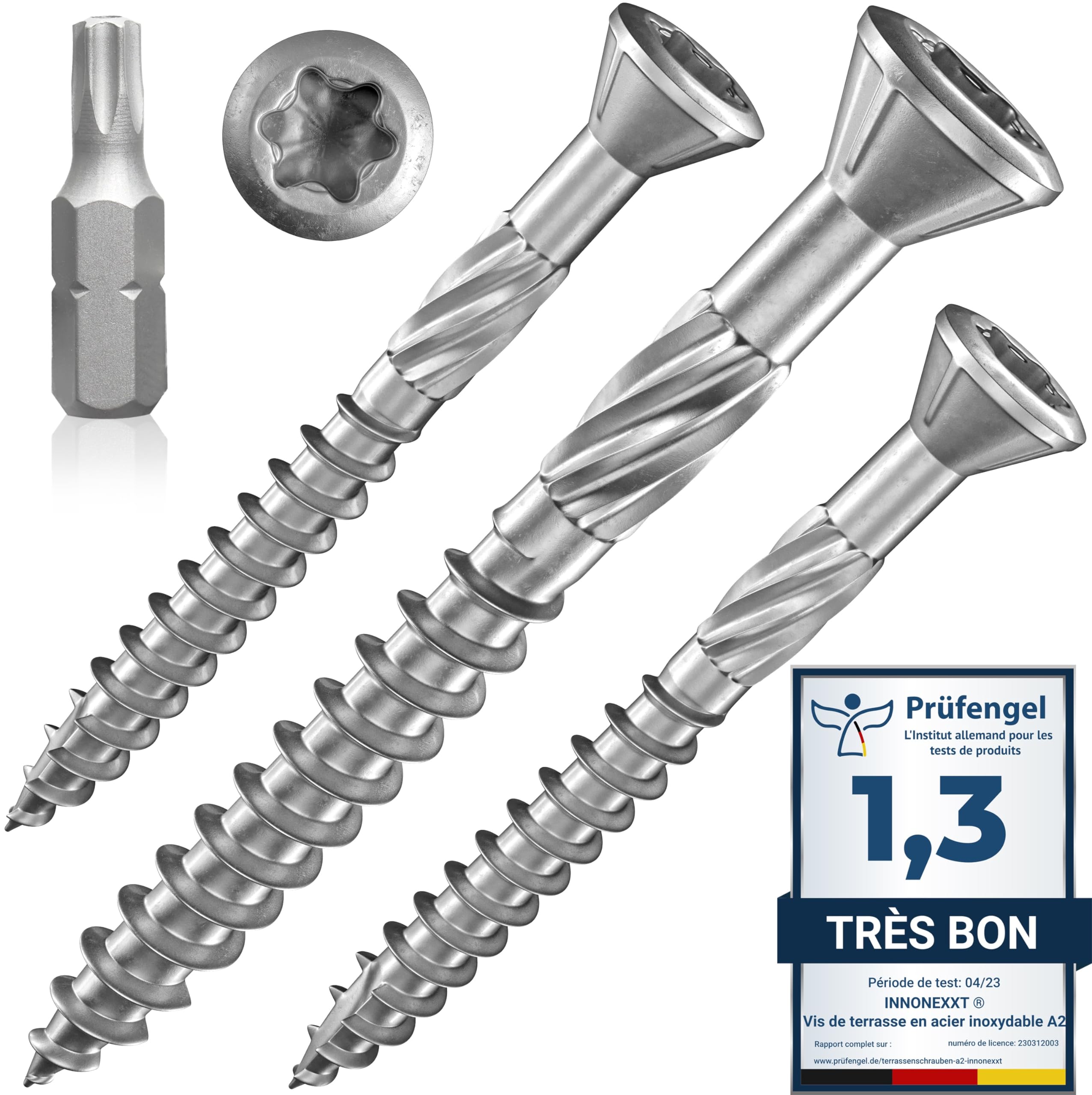 INNONEXXT® Premium Stainless Steel decking Screws A2 incl. bit | 5.0 x 60 mm 200 Pieces TX25 | Milling Ribs, Cut tip | Wood Screws, Screws for Wood, Stainless Steel Screws | Made in Germany