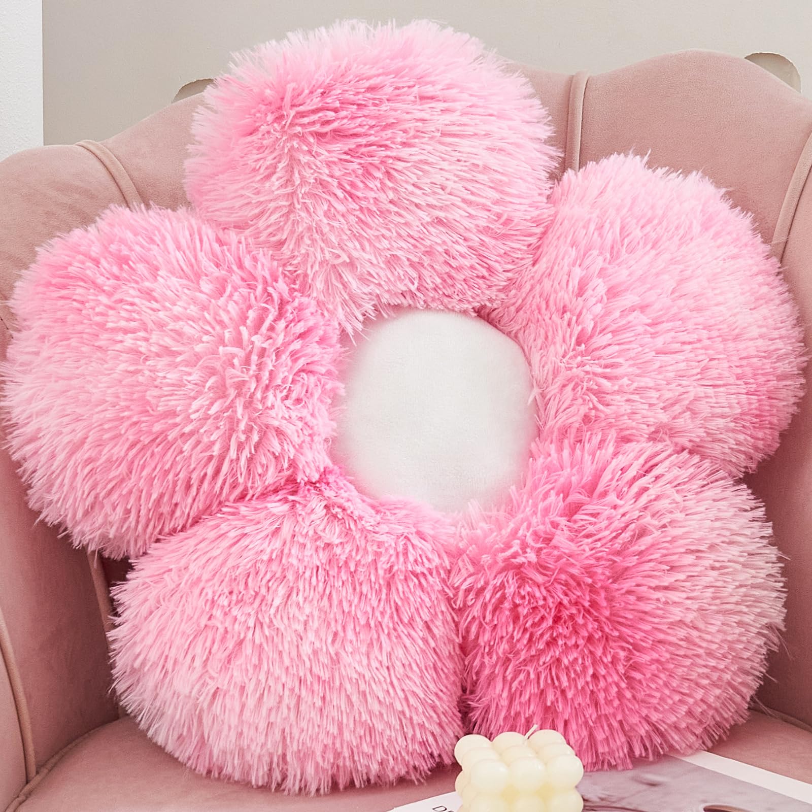 Photo 1 of MorroMorn Flower Pillow Shaped Throw Pillows, 20" Floor Pillow Butt Cushion - Fluffy Shaggy Daisy Floral Decorative Pillows for Bed Couch Sofa Chair Cute Plush Faux Fur Room Decor (Pink)