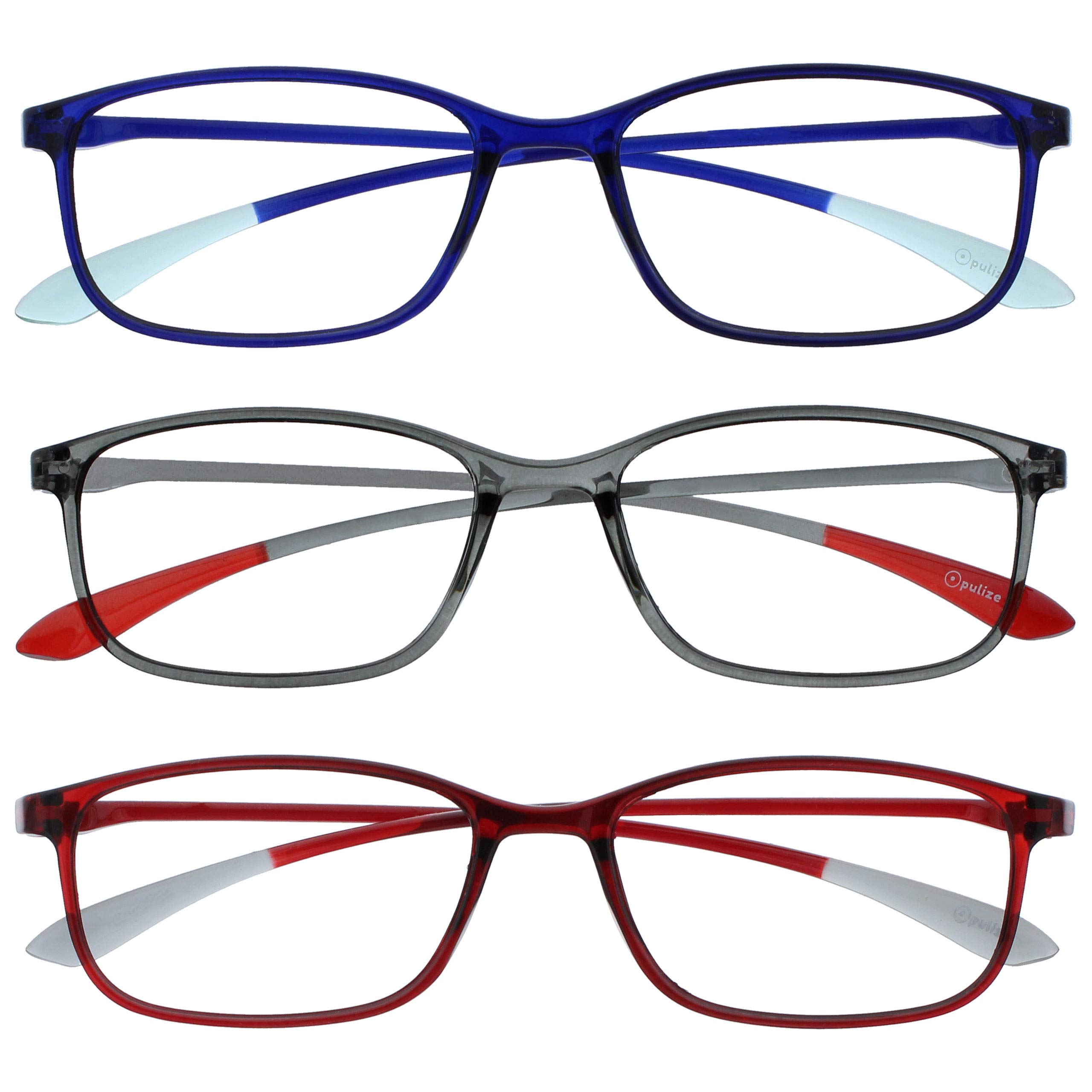 OPULIZE Ice Reading Glasses 3 Pack Ultra Lightweight Frame Scratch Resistant Blue Grey Red Mens Womens RRR61-37Z +3.50