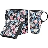 Topadorn Travel Coffee Mug Ceramic Latte Mug Teacup Ceramic Coffee Cup with Color Box 17 oz., Enjoy Flower