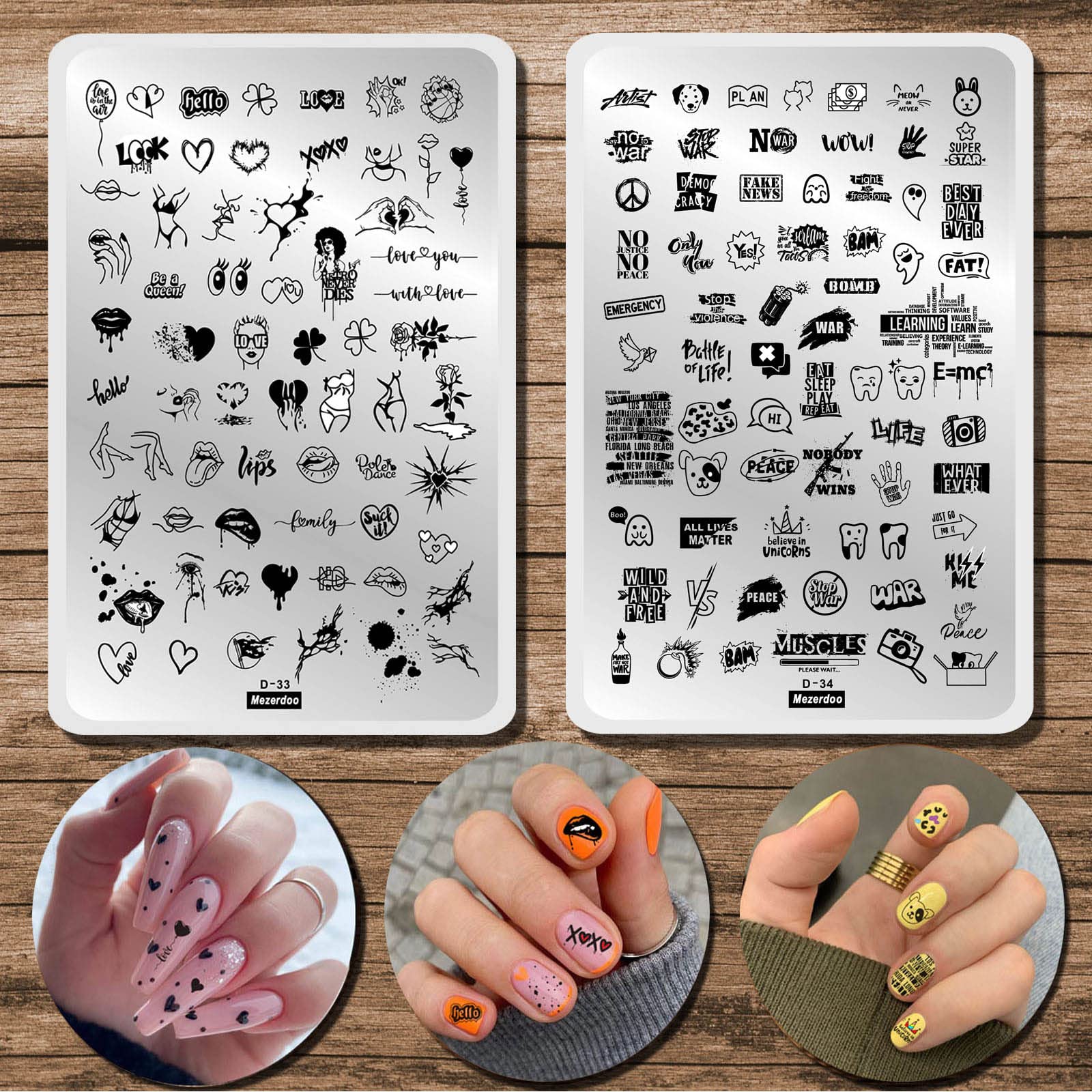 Heart Letter Graffiti Animals Nail Stamping Plates Kit, Lips Design, 2 Pcs, 14.5 x 9.5cm Stainless Steel DIY Nail Art Templates