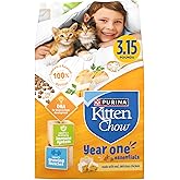 Purina Kitten Chow Year One Essentials Dry Kitten Food, (4) 3.15 lb Bags | Healthy Development high protein cat food for kittens, real farm-raised chicken, with DHA for brain and vision development
