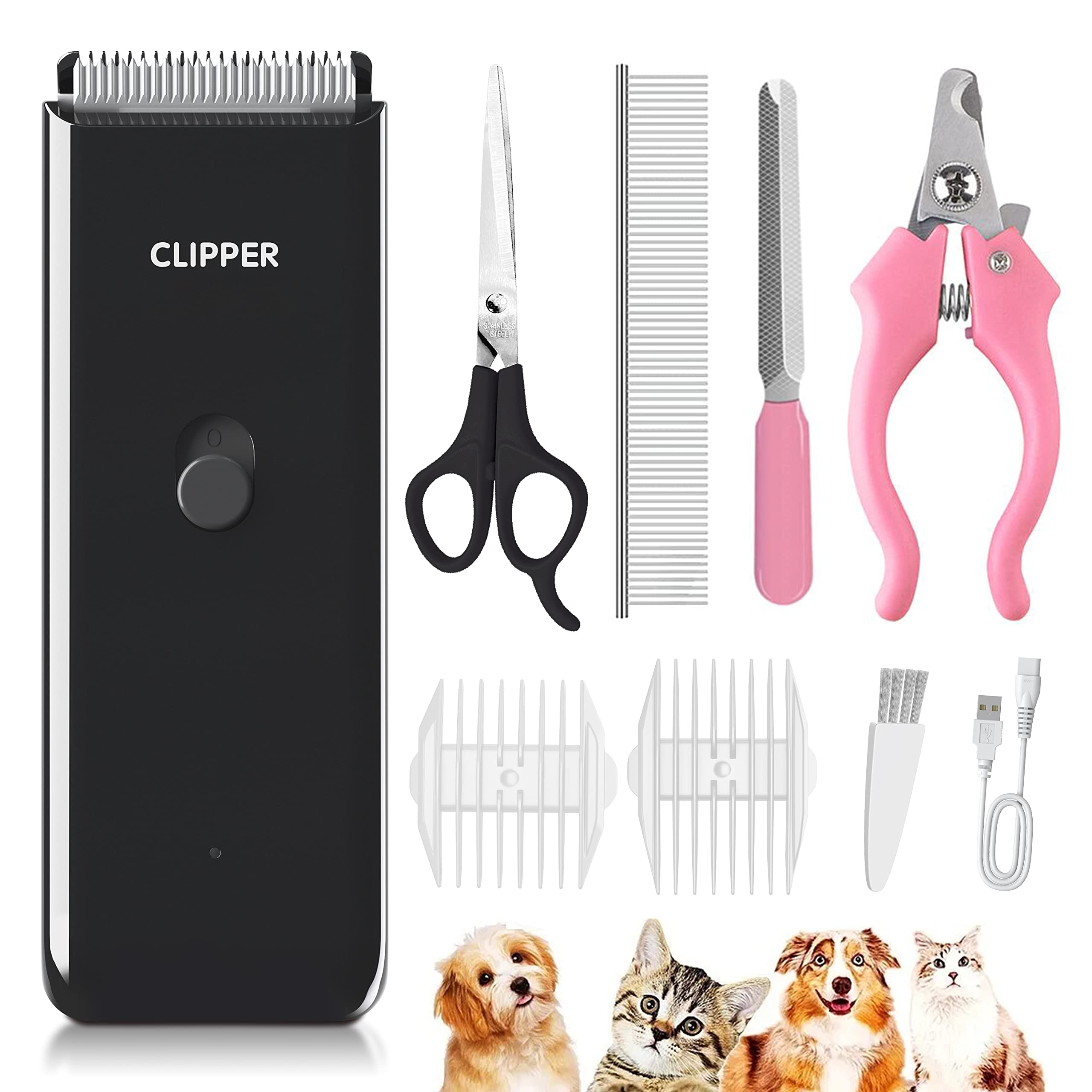 Favrison Dog Clippers, Professional Cat Grooming Kit for Matted Fur, Silent Cordless Cat Shaver, Rechargeable Dog Trimmers, Low Noise Pet Hair Clipper for Cats Dogs (Black)