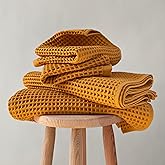 Püskül - Luxury Waffle Towel Set for Bathroom 4 Pieces Mustard, Premium Quality Organic 100% Turkish Cotton 2 Hand and 2 Bath Towels, Quick Dry Thin Waffle Towels, Made in Turkiye (Mustrad Yellow)