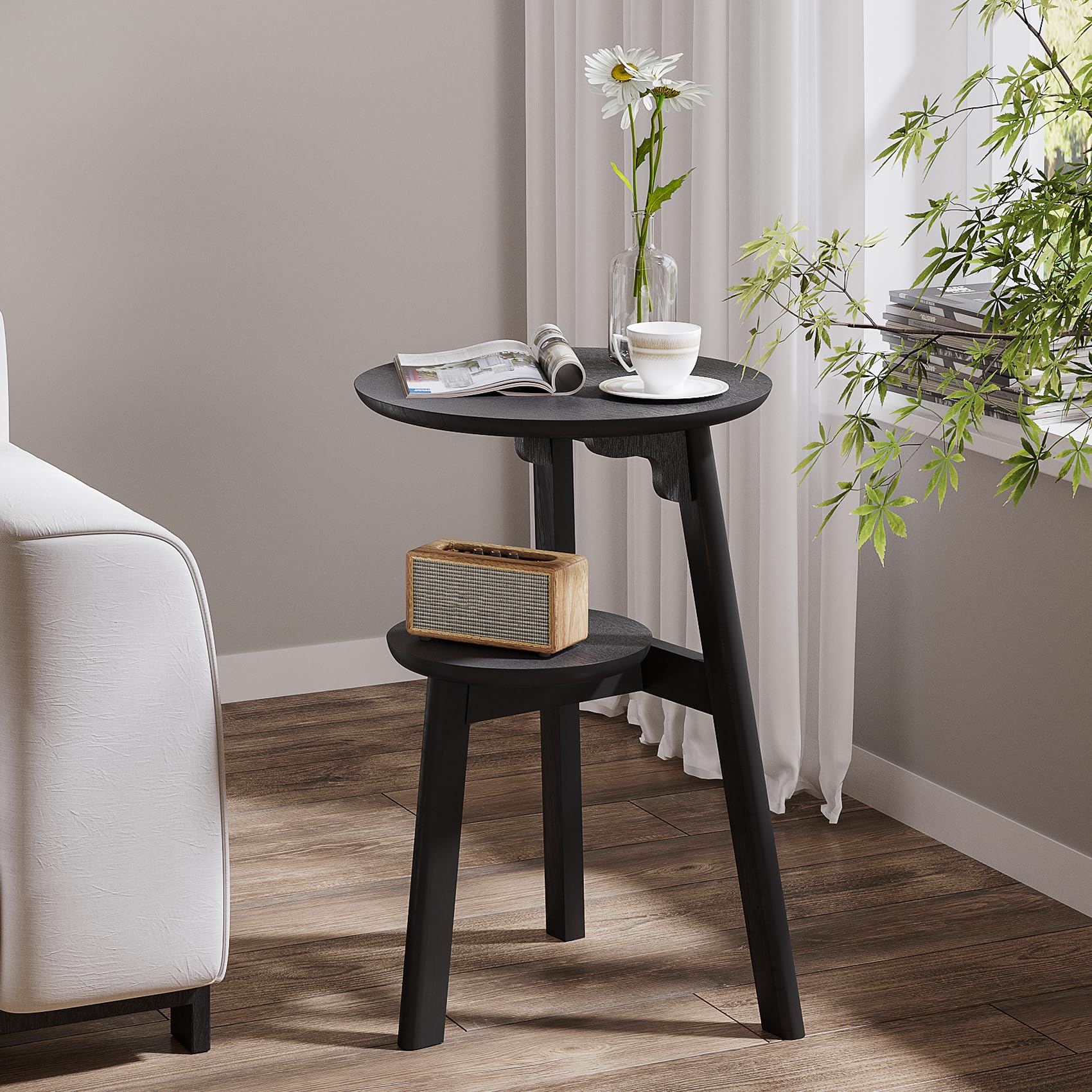Photo 1 of ChooChoo Round End Table for Small Spaces, Narrow Side Table, Accent Table Night Stand with 2 Tier Shelf for Bedroom and Living Room, Black
