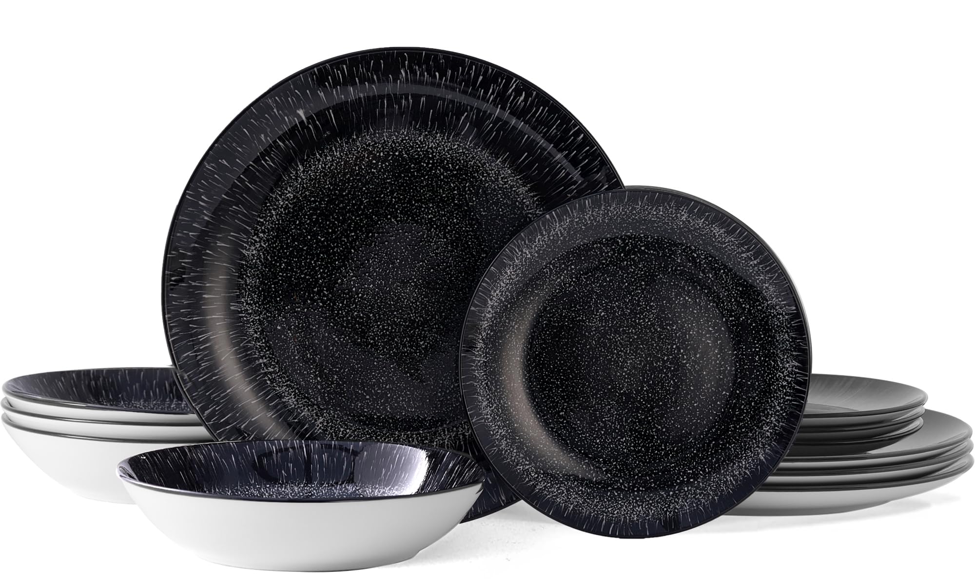 Bestone 12-Piece Round Porcelain Dinnerware Set, Service for 4, Chip Resistant Plates and Bowls,Black, Dishwasher & Microwave Safe for Home Daily Use Image