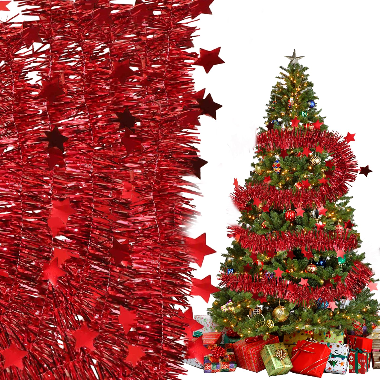 6 Pcs Red Christmas Tinsel - Silver Pentagram Shape Strands for Tree Decorations