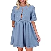 Qazel Vorrlon Denim Dress for Women Puff Short Sleeve Babydoll Jean Romper Pockets Summer Casual Blue Dresses 2025 Trendy