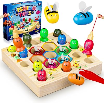 COOLJOYA Wooden Magnetic Fishing Game Toddler Toy Montessori STEM Gift