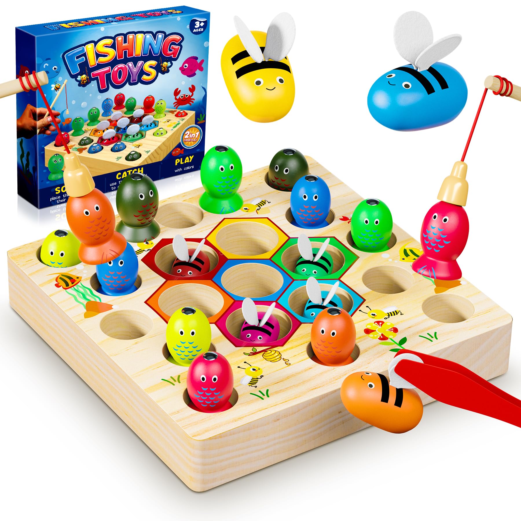 COOLJOYA Wooden Fishing Game Toy|Magnetic Montessori Toys for 2 3 Year Olds| Toddler Educational Gift for 2 3 4 Year Olds Girls Boys|Early Learning| Fine Motor Skills|Shape Sorter|Kids Easter Gifts