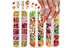 CTTHNBD Fall Leaf Glitter Nail Sequins,3 Boxes Holographic Maple Leaf Nail Art Flakes Orange Red Gold Autumn Glitter Sticker Decals Manicure DIY Thanksgiving Decorations 36 Styles