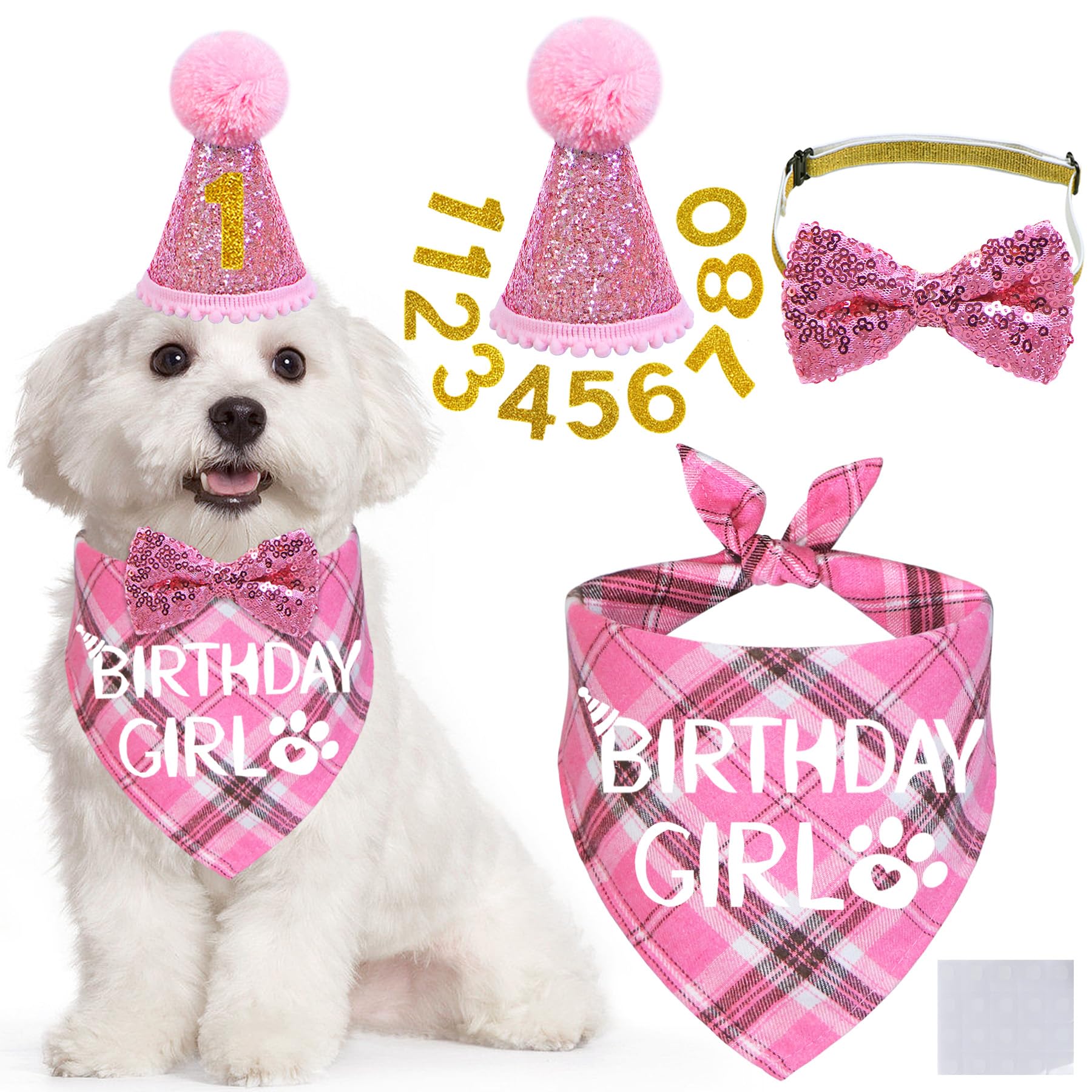Photo 1 of STMK Dog Birthday Outfits, Multi Size Dog Birthday Hat Dog Birthday Girl Bandana Bow Tie Birthday Numbers for Small Medium Dogs Pets (Pink, Small)