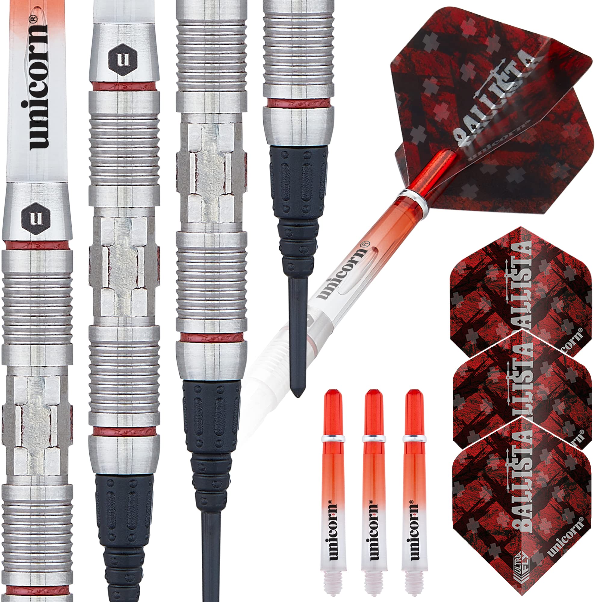 ‎Unicorn Darts Set | Ballista Style 2 | 70% Natural Tungsten Barrels with Red Accents | Epic Soft Tips | 18 g