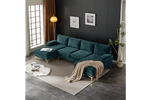 Karl home Convertible Sectional Sofa 110" U-Shape Sofa Couch 4-Seat Couch with Chaise ChenilleFabric Upholstered for Living Room, Apartment, Office, Peacock Blue