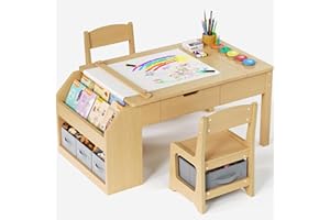 JOCOEVOL 5-in-1 Kids Art Table and Chairs, Toddler Table and Chair Set, Craft Play Desk for Kids, Convertible Art Easel with Paper Roll Holder & Storage Drawers, Children Activity Learning Center - Nature Wood