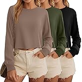 Ficerd 3 Pack Cotton Cropped Long Sleeve Tops for Women Loose Fit Crew Neck Drop Shoulder Crop T Shirts Basic Tee