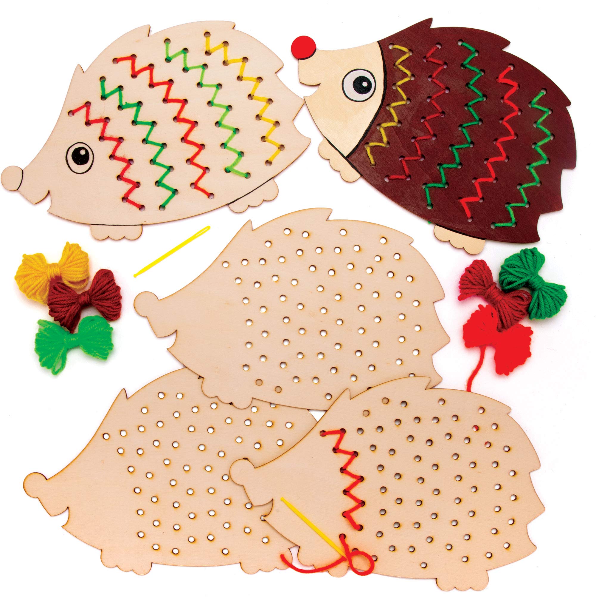 Baker Ross AW934 Hedgehog Wooden Threading Kits, Arts and Crafts for Kids (Pack of 4), Assorted