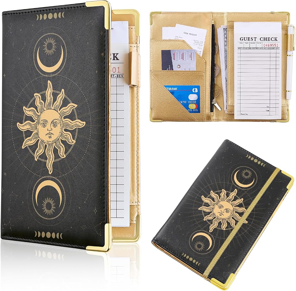 Bienbee Waitress Server Book with Zipper Pocket Black Notepad for Waiter