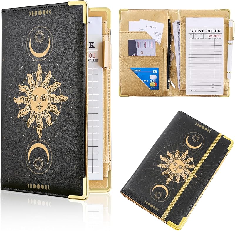 Bienbee Waitress Server Book with Zipper Pocket Black Notepad for Waiter