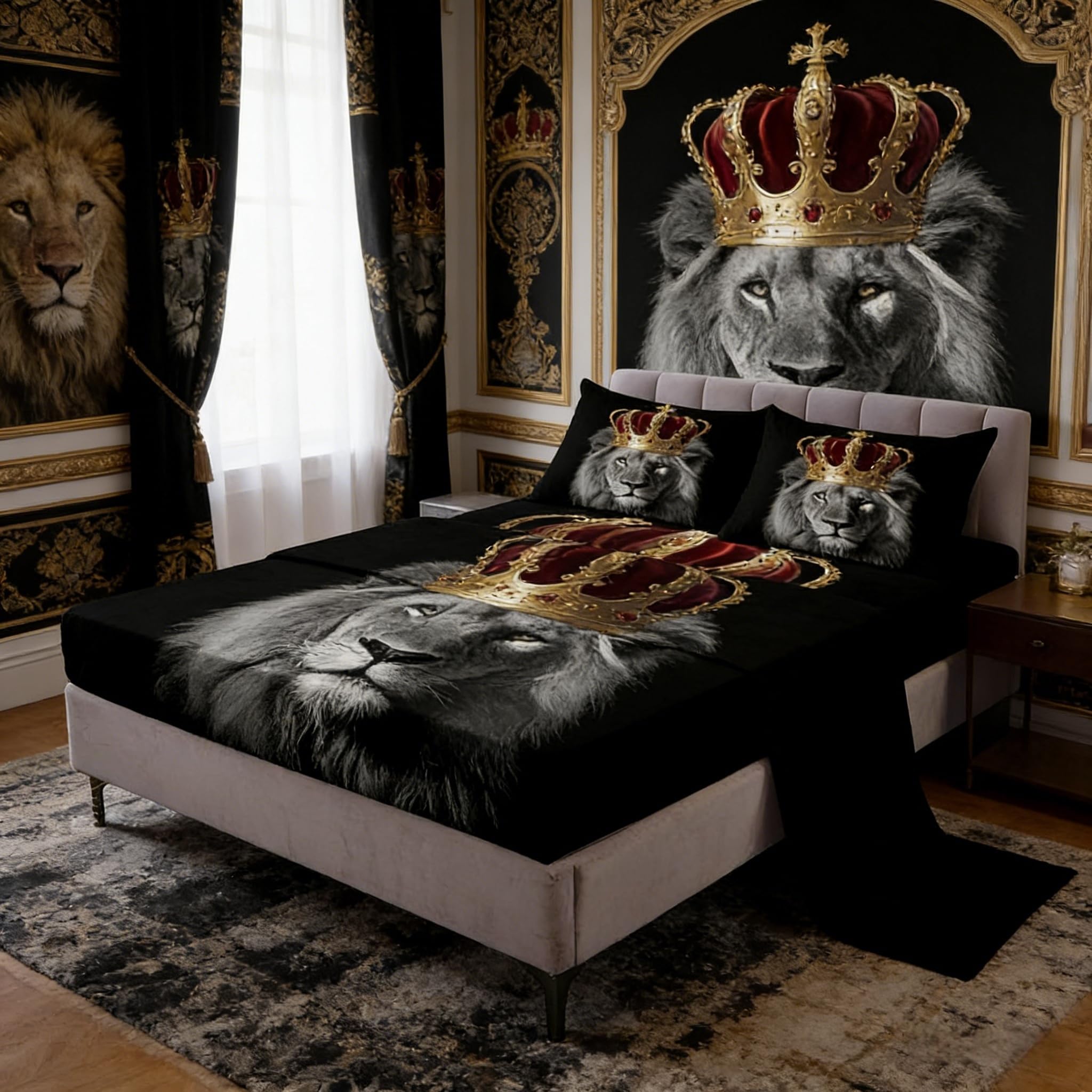 Photo 1 of Homewish Wild Lion Bed Sheet Set King Size,Golden King Crown 3D Wildlife Deep Pocket Fitted Sheet,1 Flat,2 Pillowcases,African Tropical Animal Print Black Bed Mattress Cover, Bedroom Decor