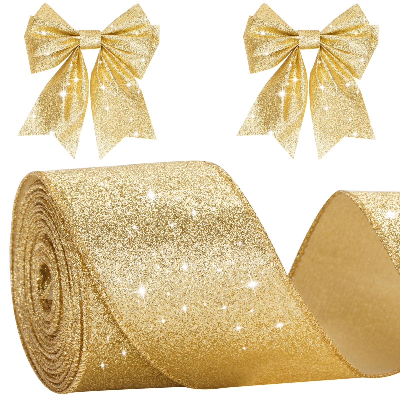 KINGLAKE Gold Wired Glitter Christmas Ribbon - 6cm Metallic Wrapping Ribbon for Gift Wrapping, Wreaths, Crafts, Christmas Trees & Weddings - 10m