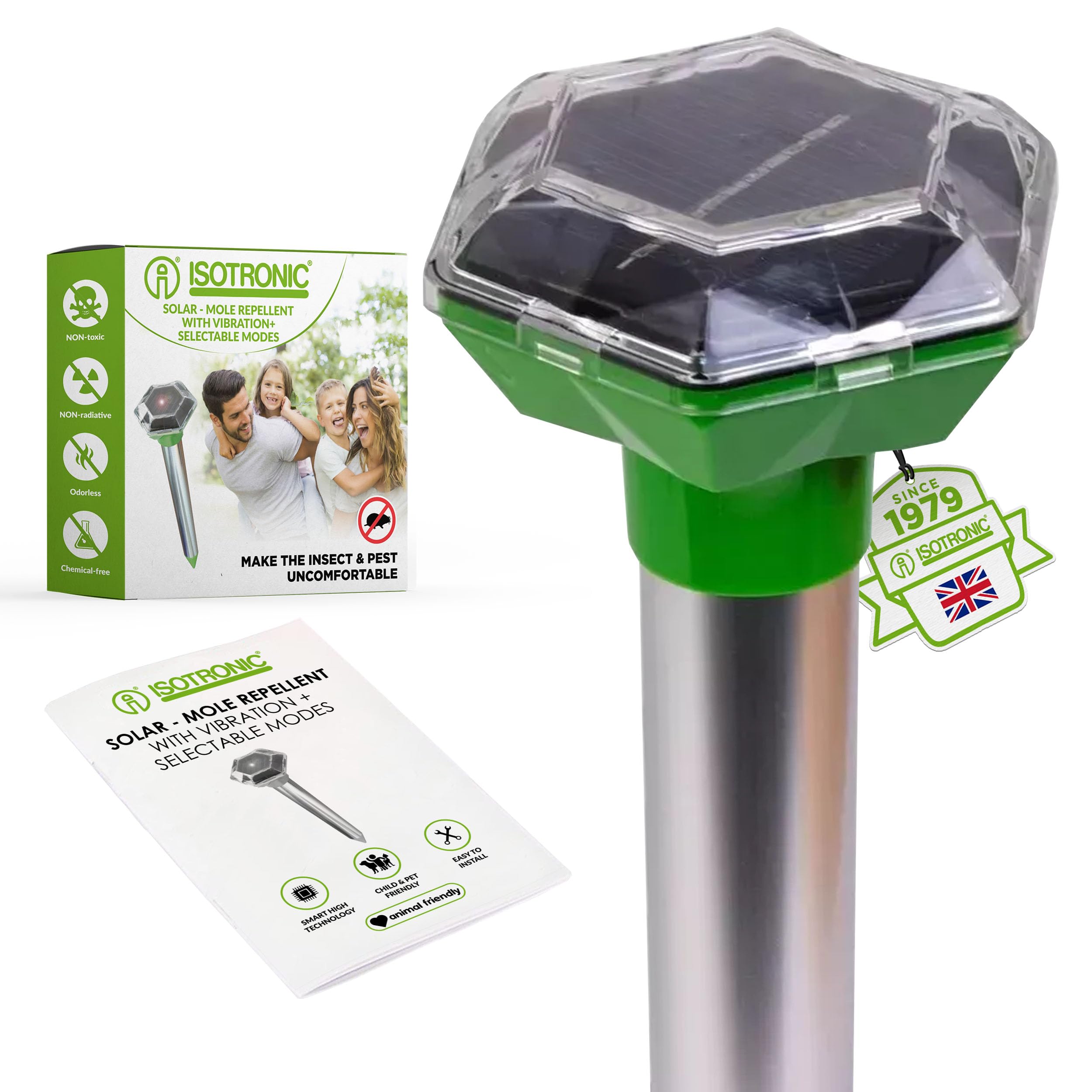 ISOTRONIC® Solar Mole Scarer, Effective Vibrasonic Deterrent against Mole, Mouse, Rat, Ant, Vole, Snake - High Frequency Outdoor Repeller - Pack of 1 Pcs.