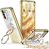 XYZ for Galaxy S23 Plus Case with Stand, Phone Case with Double Ring Kickstand, Women Girls Bling Luxury Glitter Clear Phone Cover Heart for Samsung S23 Plus, Gold