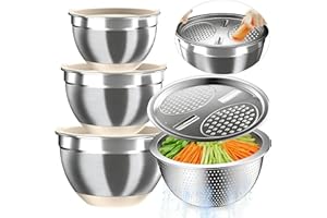 Mixing Bowls with Airtight Lids, Stainless Steel Mixing Bowl Set with 3 Metal Nesting Bowls, Colander & Grater, Non-Slip Bott