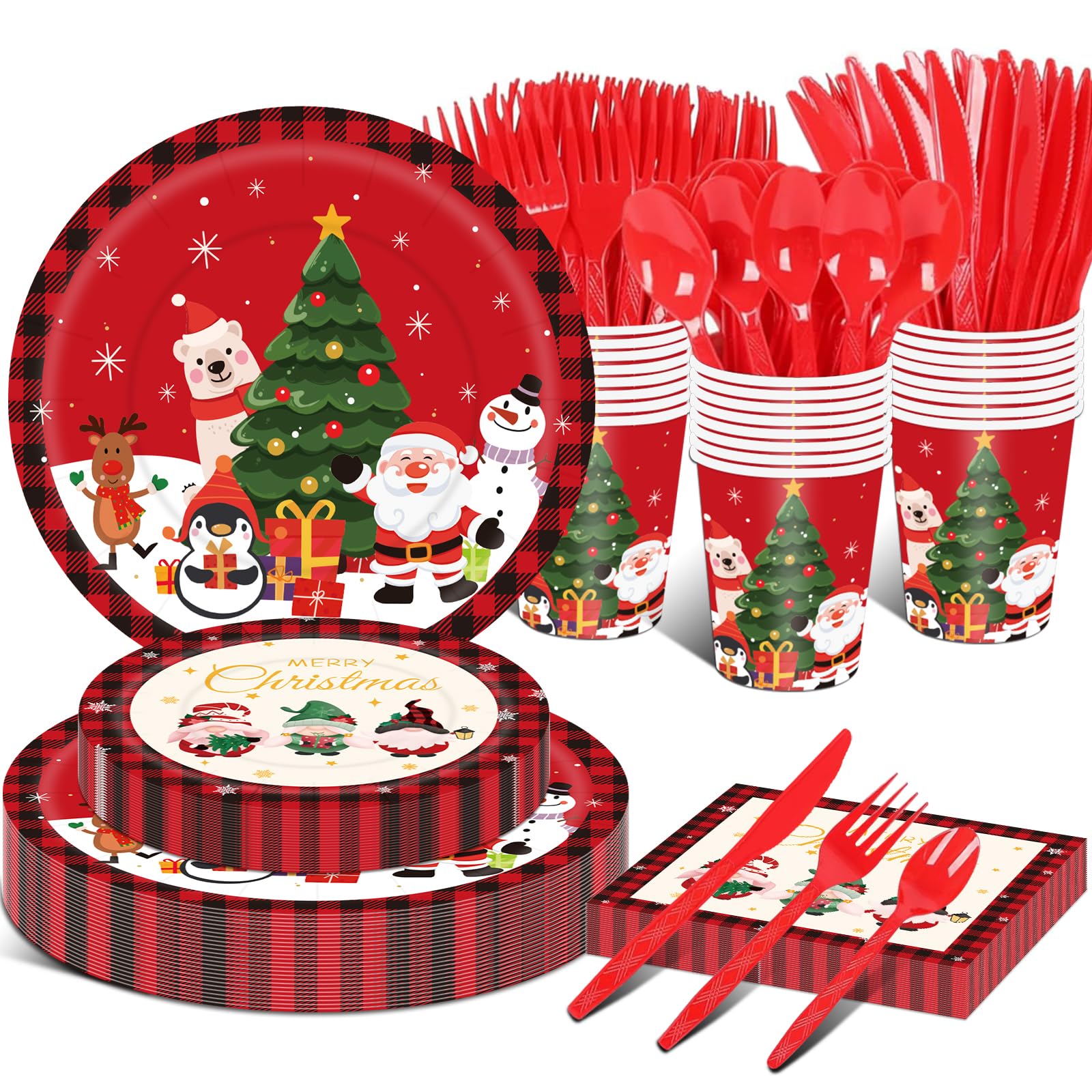 Photo 1 of 175PCS Large Christmas Paper Plates and Napkins Serves 25, Red Disposable Dinnerware Set, Christmas Party Supplies Decoration, Holiday Party Plates Total