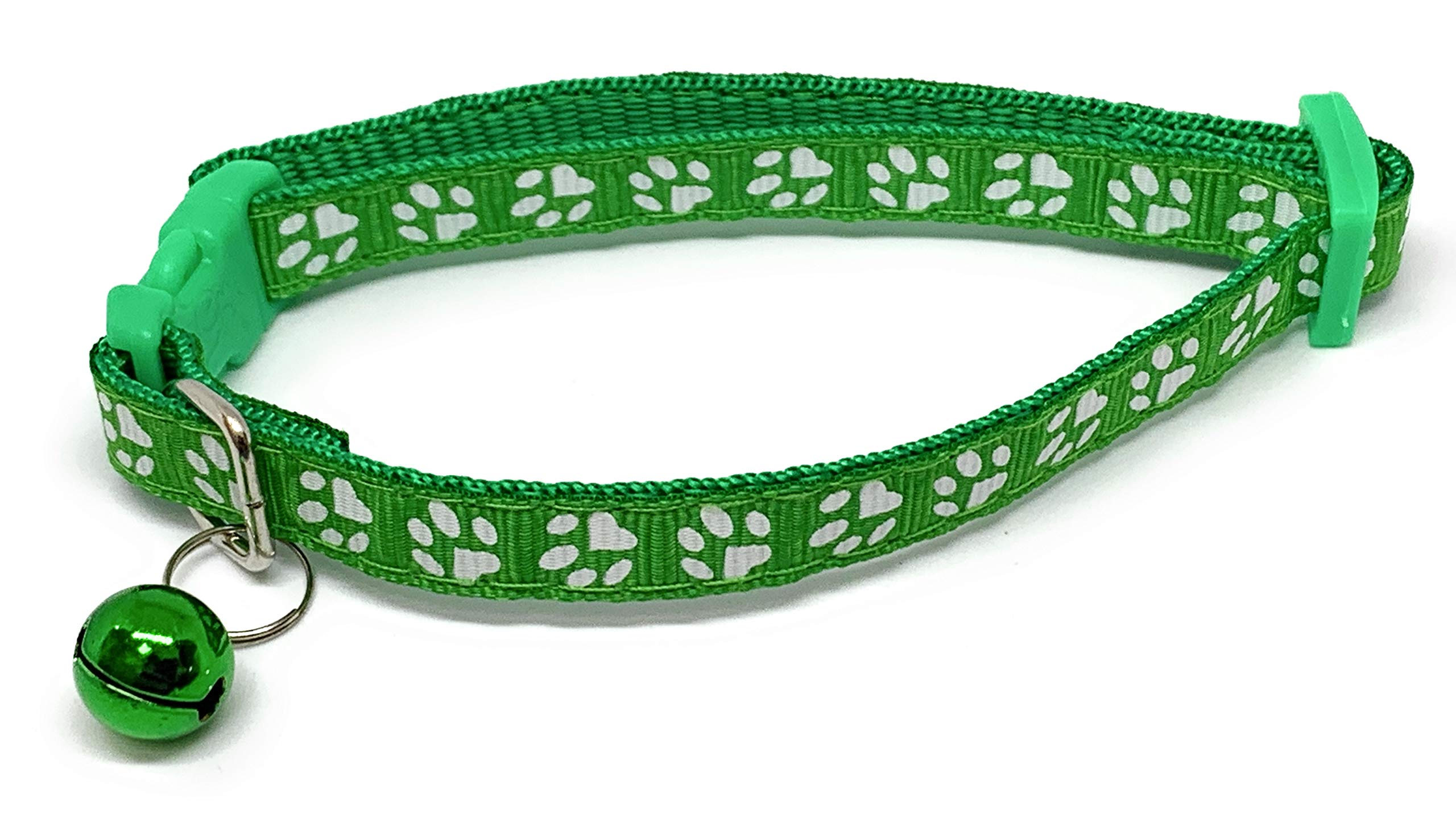 Reflective & Adjustable Cat, Dog, Small Animal Pet Collar; Bells to Stop Hunting. Funky Patterned, Paw Prints. Designed for Visibility [GREEN PAWS]