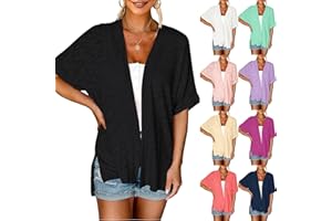 Binmer Women's Casual Lightweight Open Front Cardigans Loose Comfy Short Sleeve Beach Cover Up Solid Summer Side Split Coat
