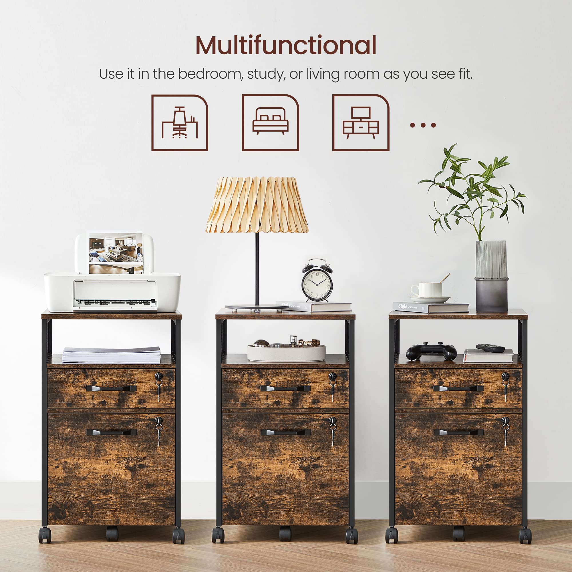 VASAGLE File Cabinet, Mobile Filing Cabinet on Wheels, for Home Office, 2 Lockable Drawers, for A4, Letter-Size Hanging File Folders, Open Shelf, Steel Frame, Rustic Brown and Ink Black UOFC077B01