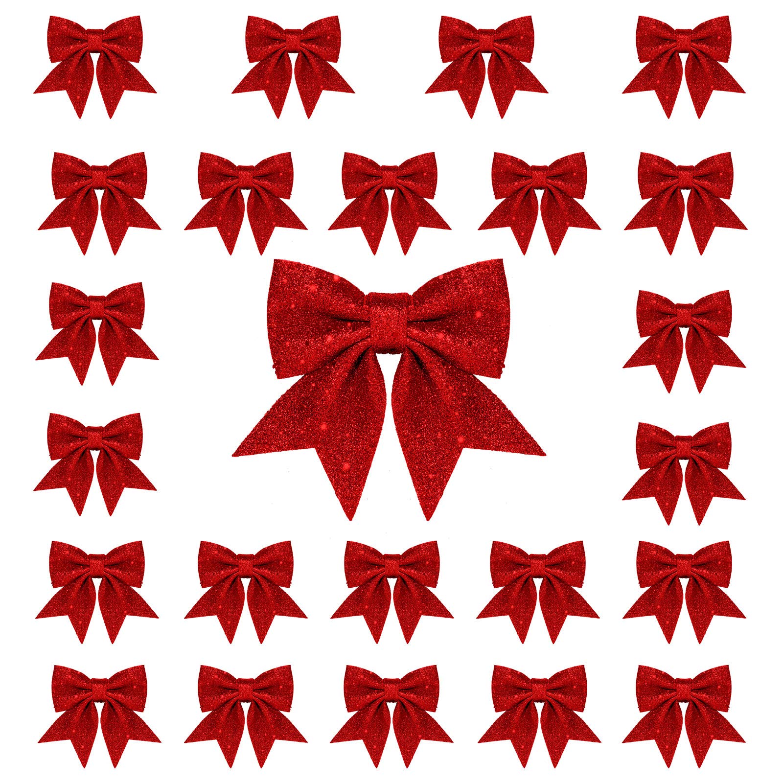 Whaline 24pcs Christmas Bow Decorations, Red Wreaths Bows, Small Christmas Tree Bow, 5.5in Sequin Bow Ties, Xmas Decorative Bows Ornaments for Home Christmas Party