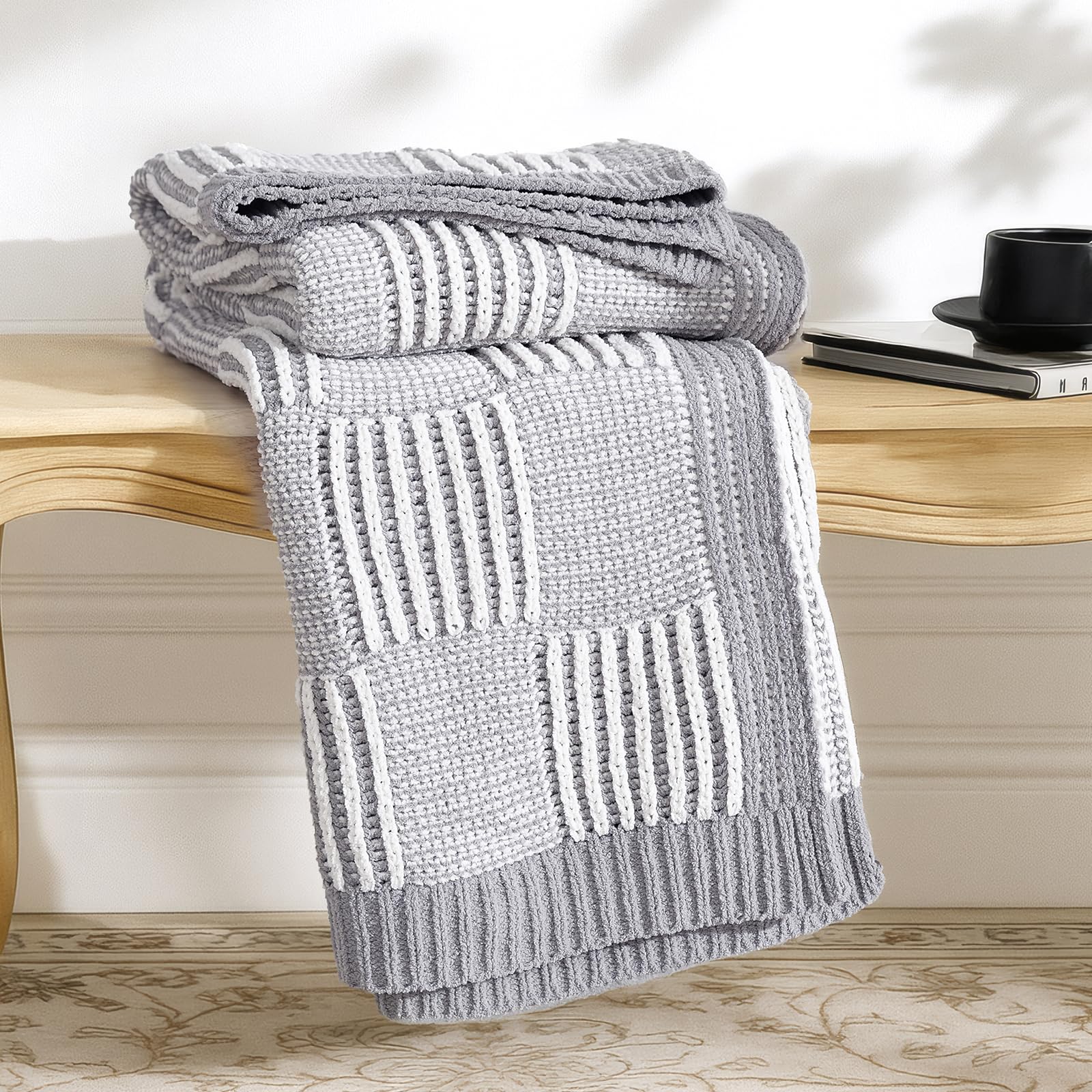 Amélie Home Checkered Knit Throw Blanket for Couch, Chenille Texture Decorative Soft Blanket for Sofa & Chair, 50"x60", Grey & White Image