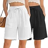 Neer 2 Pack Women's Linen Bermuda Shorts High Waisted Drawstring Wide Leg Casual Beach Knee Length Shorts with Pockets