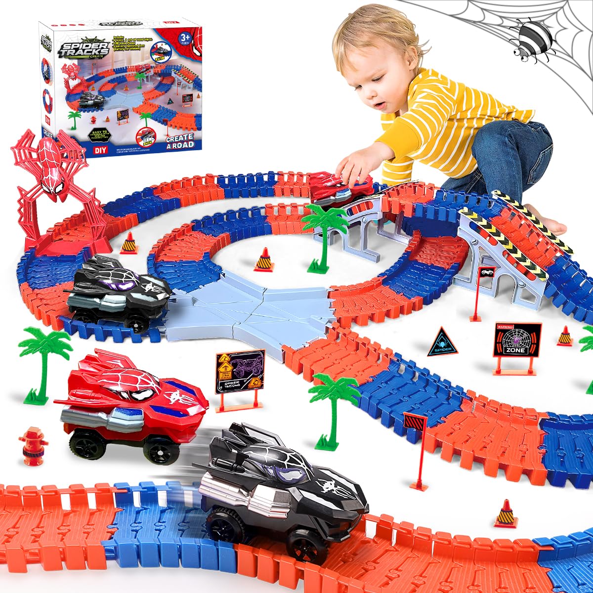 Photo 1 of KaeKid Spider Race Track for Boys 3-8, 212PCS Race Car Track with 2 Spider Cars, DIY Flexible Track Playset, Toddler Toys Birthday Gifts for Kids