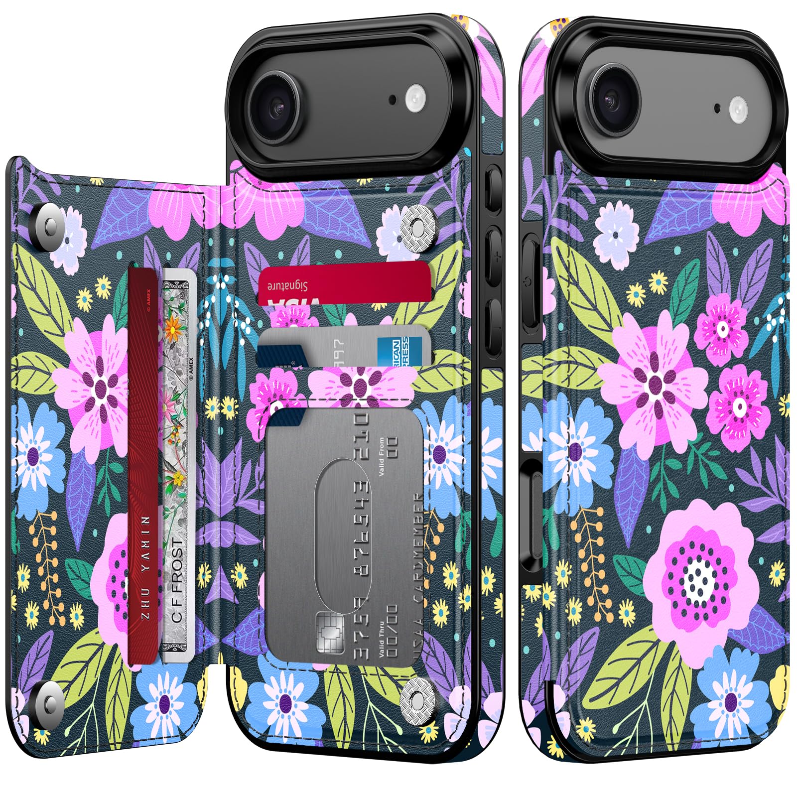 Goodon for iPhone Air Case Wallet - Flip Folio Leather Cover with Trendy Floral Design, 3 Card Slots & Kickstand Function, Stylish Protective Phone Case for iPhone 17 Air - Vibrant Flowers