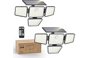 Philips Solar Security Light Outdoor, 196 LED Wall-Mounted Flood Light w/PIR Motion Sensor, 3 Modes, 4 Adjustable Heads Solar-Powered Floodlights with Remote Control, IP65 Waterproof 2PK