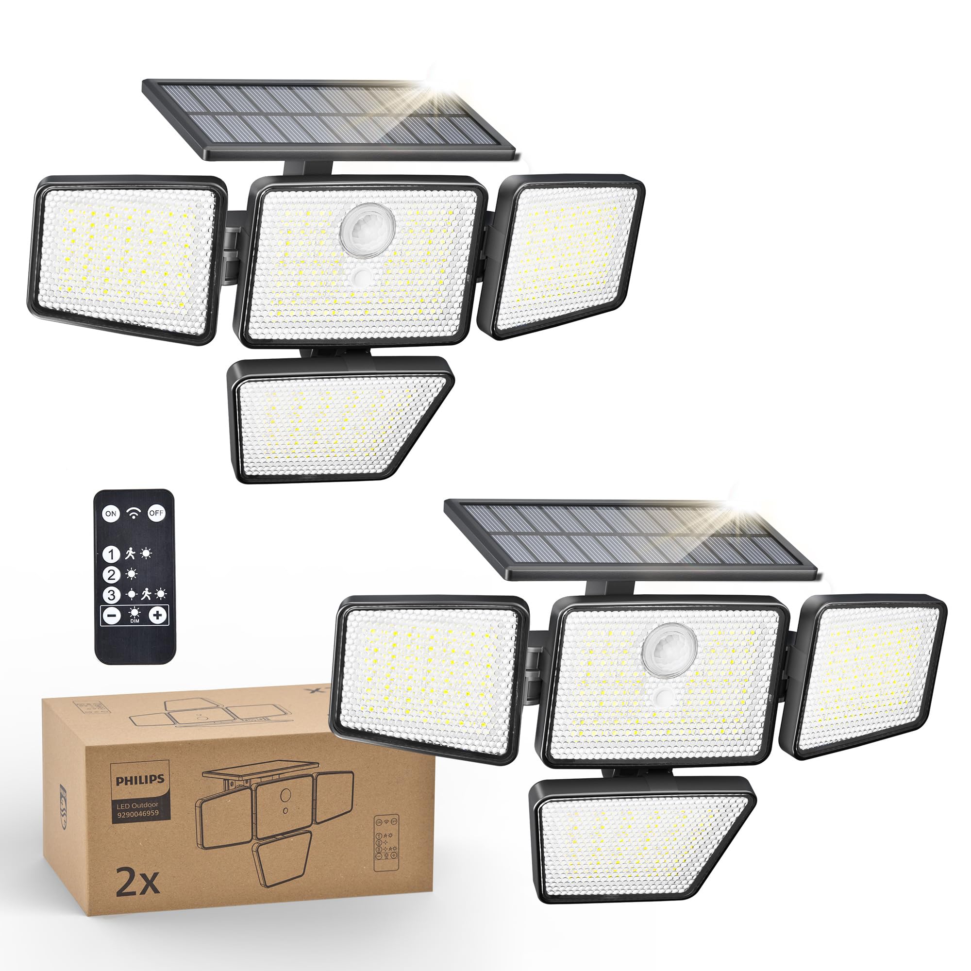 Photo 1 of Philips Solar Security Light Outdoor, 196 LED Wall-Mounted Flood Light w/PIR Motion Sensor, 3 Modes, 4 Adjustable Heads Solar-Powered Floodlights with Remote Control, IP65 Waterproof 2PK