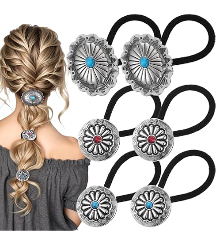 Western Turquoise Hair Ties Set, Ponytail Holders for Women Girls, Cowgirl Acces TurquoiseSlabStonePonytail.jpg  main image 4