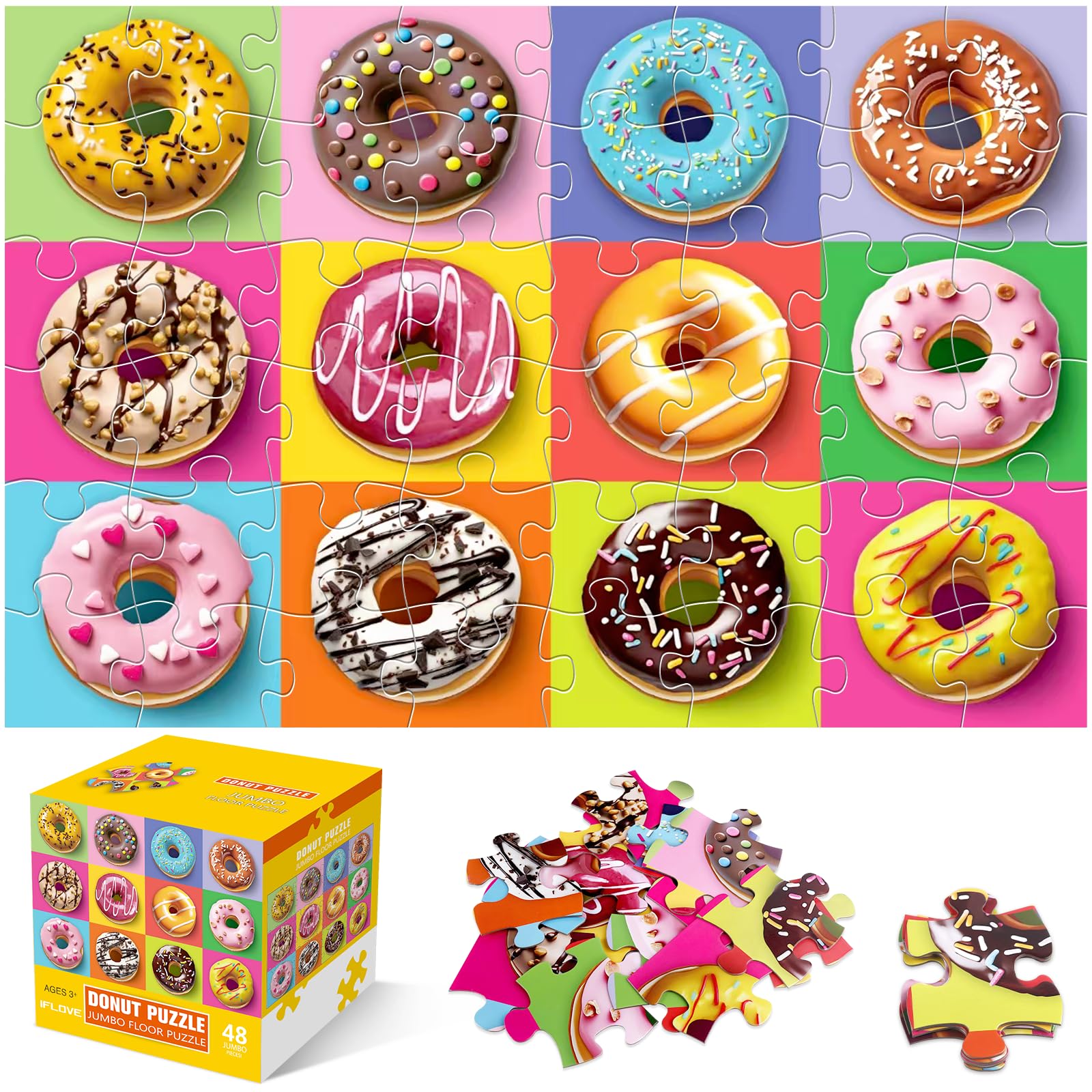 Jumbo Floor Puzzle for Kids,48 Piece Colorful Donuts Jigsaw Puzzles,Learning Educational Toys for Toddlers Ages 3-5,Children Easter Gift for Boy Girl Ages 4-8 (Donut)