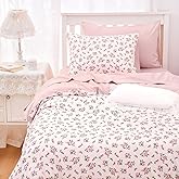 Wake In Cloud - Coquette Duvet Cover Set, Floral Cottagecore Flower Shabby Chic Cute Aesthetic, Soft Lightweight Bedding for Women Teen Girls, 3-Piece, Pink, Twin/Twin XL Size